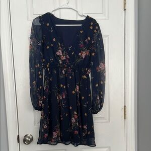 Floral Navy Dress with Sheer Sleeves